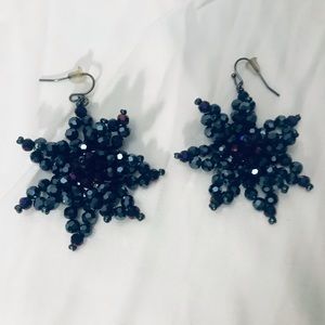 Faux DK Blue Beads/Purple Crystal Earrings.  Star Shaped, Evening Wear, 2”
